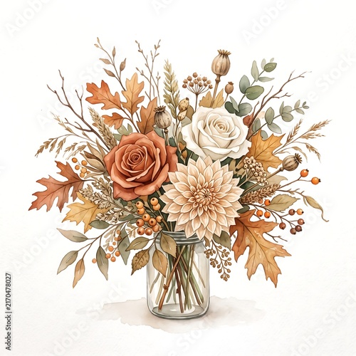 Autumn floral bouquet placed in a glass jar featuring roses, dahlia, and oak leaves on white background.