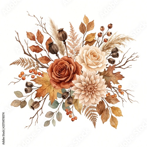 Autumn botanical composition of roses, dahlia, dried pods, and fall foliage isolated on white.