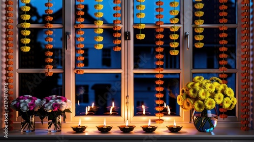 Happy Diwali Traditional Diwali window decoration with marigold flower garlands and glowing oil lamps on a windowsill at twilight time