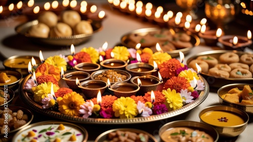 Happy Diwali Brass plate filled with glowing oil lamps and colorful marigold flowers surrounded by traditional Indian sweets for festive celebration