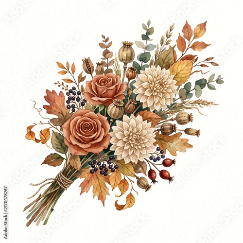 Floral composition of terracotta roses, dahlias, berries, and eucalyptus leaves is laid on white.