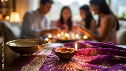 Happy Diwali Glowing diya lamp on a purple silk cloth with golden embroidery and brass bowl with family members blurred in background