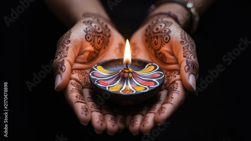 Happy Diwali Pair of hands with intricate henna mehndi designs holding a glowing painted clay diya lamp against a solid black background