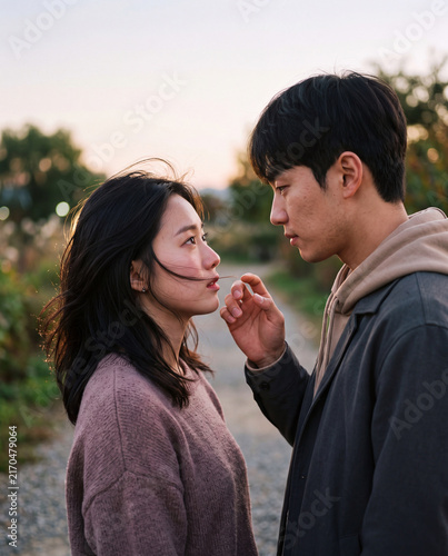 Young couple outdoors facing each other in soft sunset light for romantic portrait background and emotional storytelling image