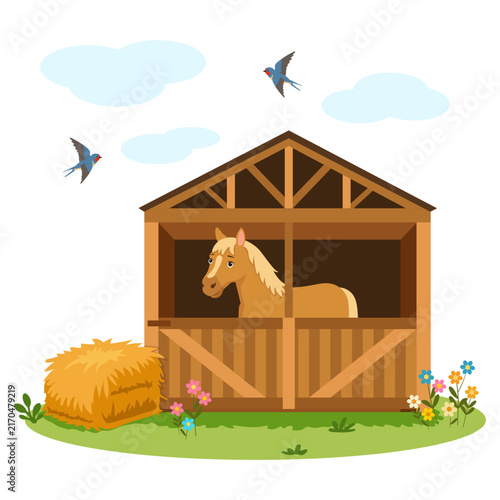 Horse stable with horse, hay bale, flowers, grass and flying swallows. For farm posters, cards, packaging, educational design. On white background.