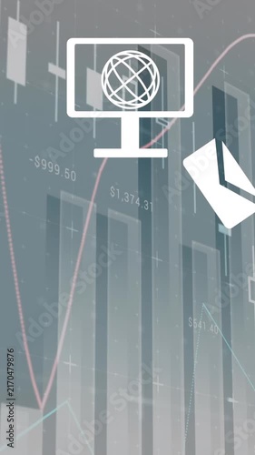 Animation of computer with globe and envelope icons over data processing