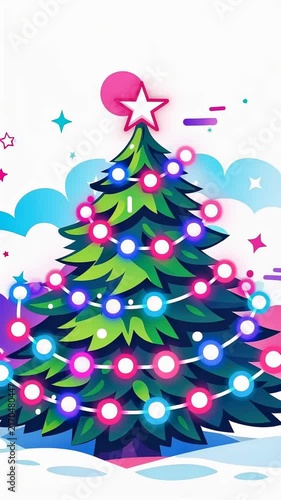 Colorful christmas tree with glowing string lights and star topper in snowy abstract background. festive holiday illustration sequence.