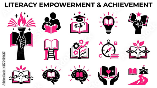 Reading Empowerment Vector Silhouette Icon Sheet, Black and Hot Pink Raised Hand Book, Page Torch Symbols Set Isolated on White
