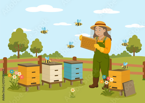 Beekeeper inspecting colorful hives with bees, smoker, protective clothing and honey equipment. For agriculture posters, cards and educational design. On light background.