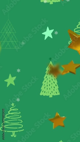 Animation of gold stars christmas decoration on christmas trees on green background