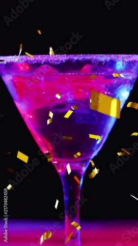 Animation of confetti falling and cocktail on black background