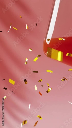 Animation of confetti falling and cocktail on pink background