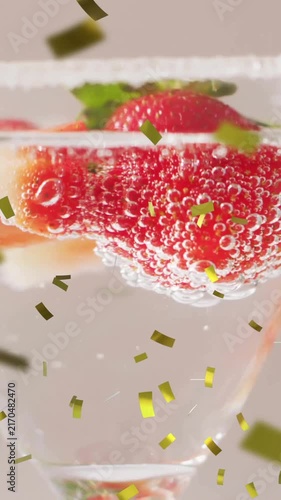 Animation of confetti falling and cocktail on white background