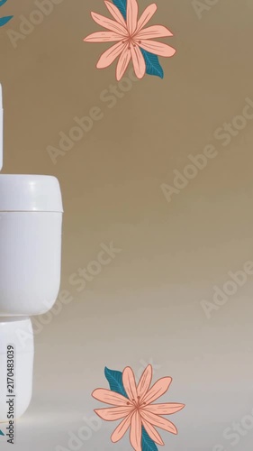 Animation of frame of flowers with stack of white tubs and copy space over brown background
