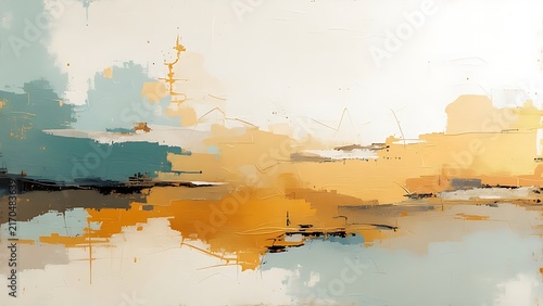 Modern Abstract Artistic Composition Featuring Ethereal Layers of Golden Ochre and Soft Muted Blue Tones in a Contemporary Painterly Style