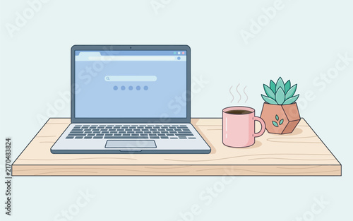 Modern Laptop Desk Workspace with Coffee Mug and Plant Vector Illustration