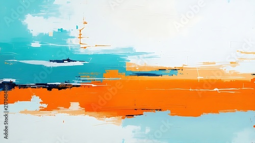 Abstract Horizontal Landscape Painting with Vibrant Orange and Turquoise Brushstrokes on White Background