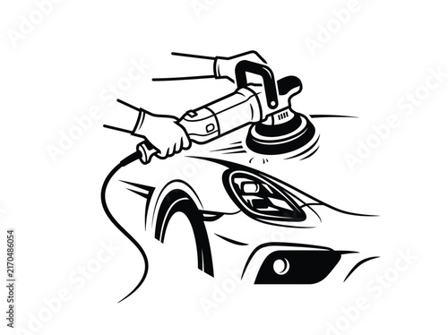 Bild auf Leinwand Professional automotive detailing worker using electric power buffer tool to pol