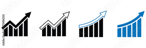 Set of four business growth bar chart icons with rising arrows in different graphic design styles