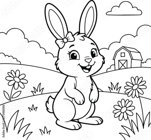 Happy cartoon bunny rabbit with a bow in a meadow with flowers and a barn, black and white coloring page for children