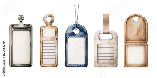 Set of blank vintage luggage tags isolated on transparent background