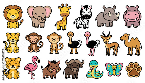 Set of cute cartoon wild animals collection including lion elephant giraffe zebra rhino hippo monkey and others