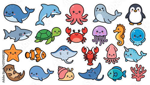 Set of cute cartoon sea animals and ocean creatures including fish whale turtle and octopus for kids