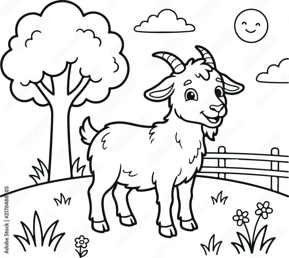 Fototapeta premium Cute cartoon goat standing in a sunny meadow with a tree and fence, coloring page for kids