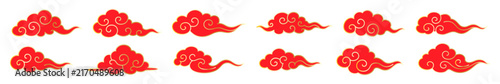 Red Asian Chinese Cloud Motifs with Traditional Curved Forms and Decorative Oriental Style for Cultural Graphic Design, Vector Collection