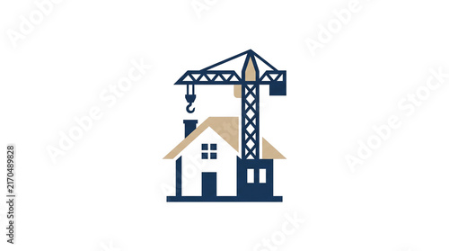 Minimalist construction crane and house logo, residential building site icon, navy blue and beige real estate development symbol isolated PNG with Transparent Background