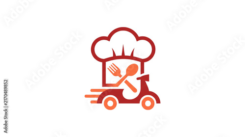 Fast food delivery logo, red chef hat and scooter icon, restaurant courier service symbol for mobile apps and branding isolated PNG with Transparent Background