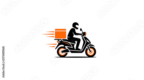 Fast delivery scooter icon, courier riding motorbike with orange cargo box, express food shipping service graphic isolated PNG with Transparent Background