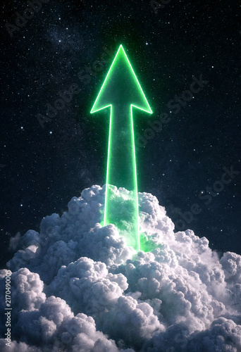 Bright glowing green upward arrow shining from clouds into starry night sky representing growth success
