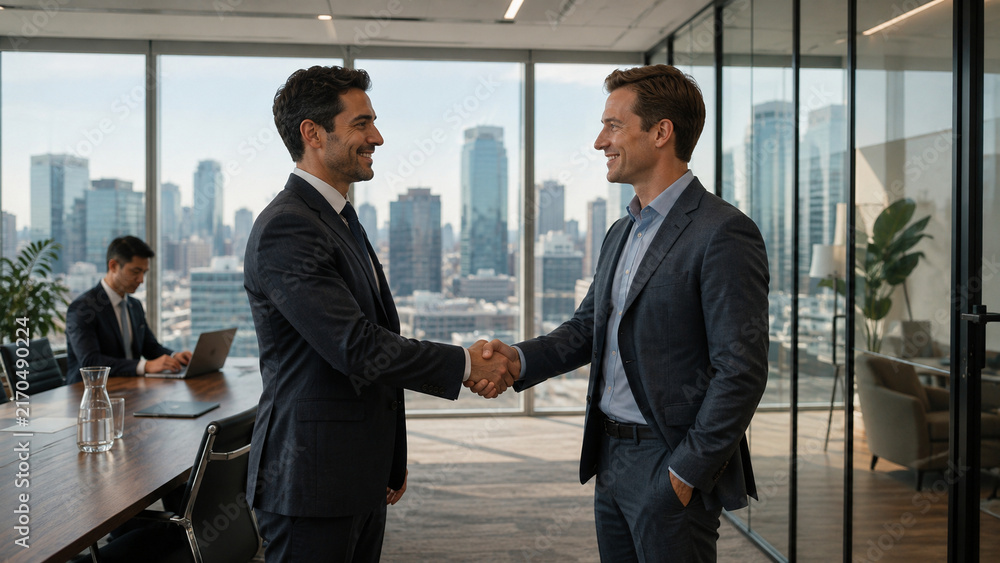 Fototapeta premium Businessmen Shaking Hands Over Contract Documents in Modern Office