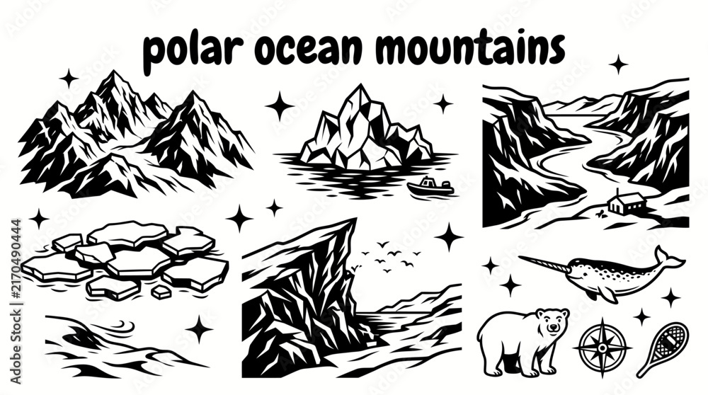 Fototapeta premium polar ocean mountain scenery featuring glacial peaks floating icebergs frozen fjords calm waters drifting ice floes snowy coastlines dramatic cliffs and untouched wilderness vector illustration set