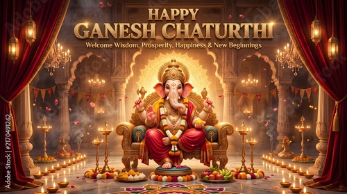 Lord ganesha sitting on a throne for happy ganesh chaturthi festival celebration