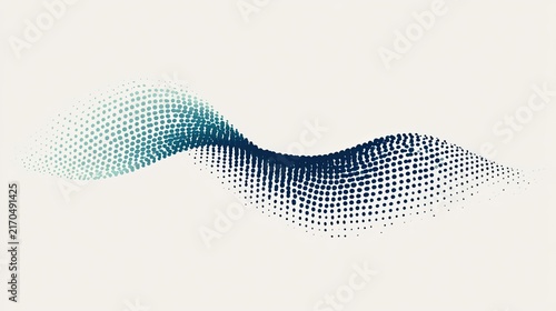 Abstract flowing wave of blue and teal digital dots on a pale background
