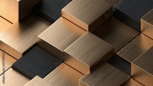 Metallic cubes arranged in a geometric, textured pattern