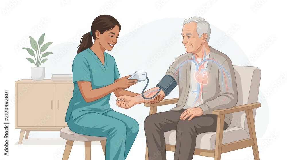 Fototapeta premium Nurse checks elderly man's blood pressure with a digital monitor in a clinic setting