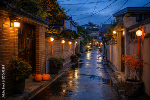 Halloween decorations in a Korean style alley at blue hour