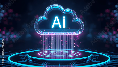 Cloud and edge computing technology data transfer concept. A large cloud icon is in the center, Ai Brain Cloud Big data, network, Science and futuristic ai cloud background concept.