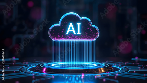 Cloud and edge computing technology data transfer concept. A large cloud icon is in the center, Ai Brain Cloud Big data, network, Science and futuristic ai cloud background concept.