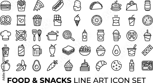Food and Snacks Line Art Icon Set – Black and White Nutrition, Fast Food, and Culinary Vector Icons