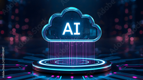 Cloud and edge computing technology data transfer concept. A large cloud icon is in the center, Ai Brain Cloud Big data, network, Science and futuristic ai cloud background concept.