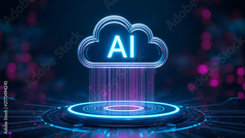 Cloud and edge computing technology data transfer concept. A large cloud icon is in the center, Ai Brain Cloud Big data, network, Science and futuristic ai cloud background concept.