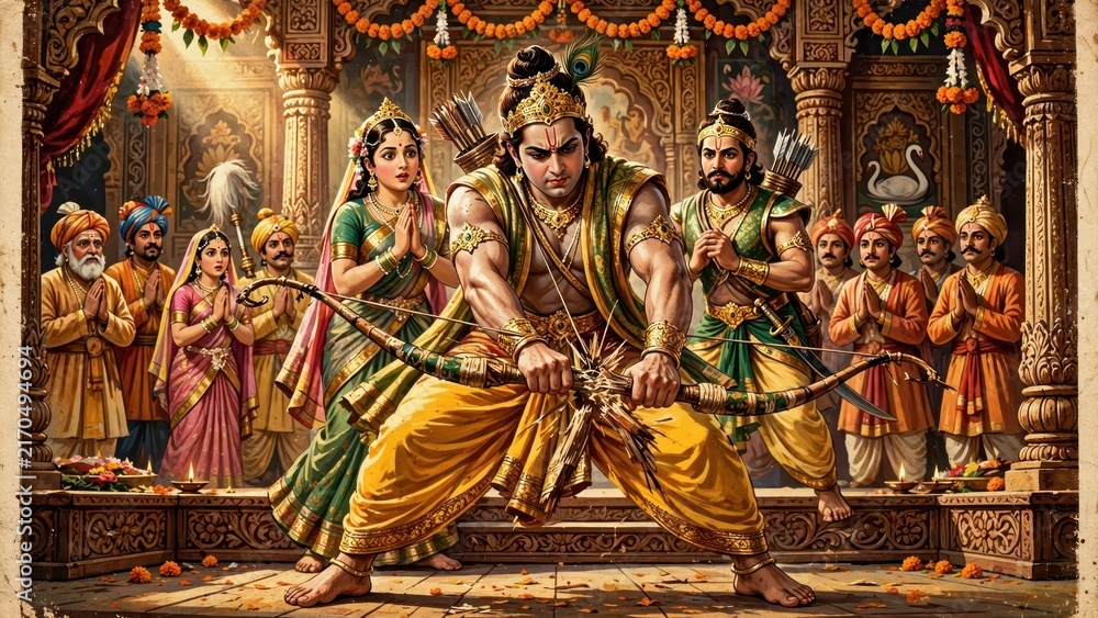 Fototapeta premium Divine hero breaking a mighty bow surrounded by royal court members in an ornate ancient palace hall