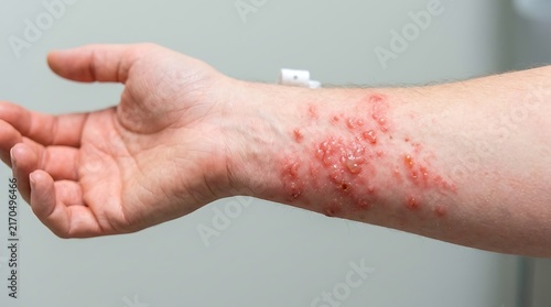 Severe skin rash with blisters on human forearm for medical diagnosis and health awareness