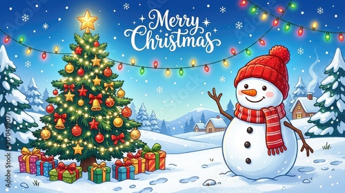 Festive winter scene with a decorated christmas tree and cheerful snowman in a snowy landscape