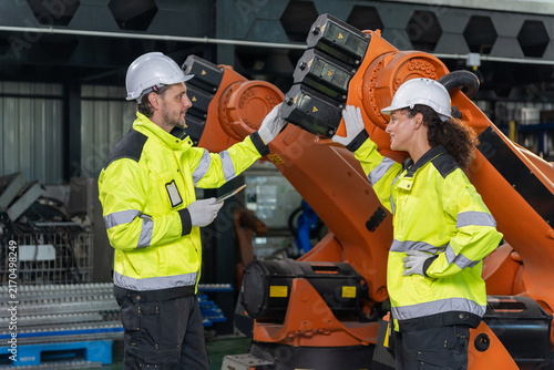 Engineers wearing hardhats using laptop computer to inspect and program robotic arm system in factory.