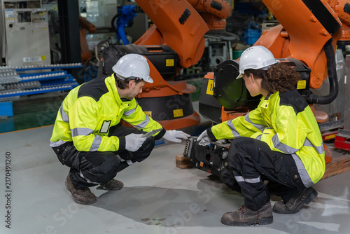 Engineers wearing hardhats using laptop computer to inspect and program robotic arm system in factory.